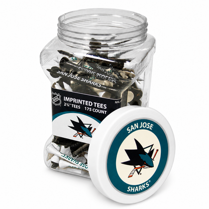 San Jose Sharks jar containing 175 2¾-inch golf tees with its separate team-logo lid.