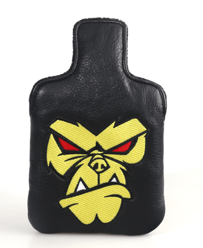 Black putter mallet cover with a yellow and red angry ape design on a white background