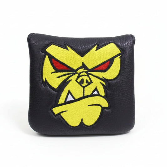 Black golf club head cover with yellow and red ape design on a white background, 
