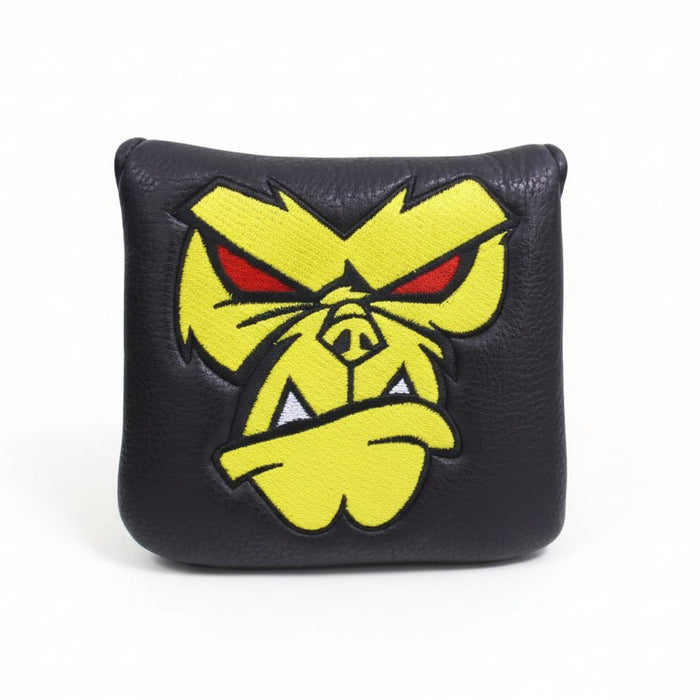 Black golf club head cover with yellow and red ape design on a white background, 