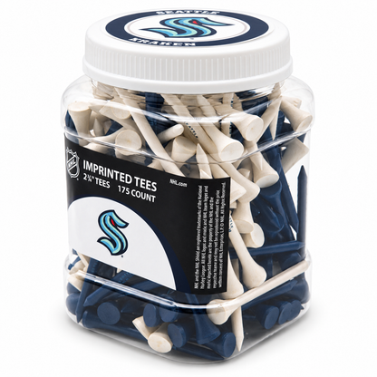 Seattle Kraken closed jar containing 175 2¾-inch golf tees with its team-logo lid attached.