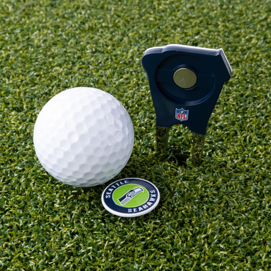 Seattle Seahawks tool and its round marker on the green