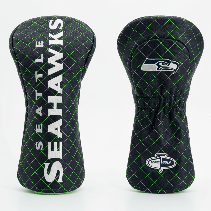 Two Seattle Seahawks golf head covers on a white background