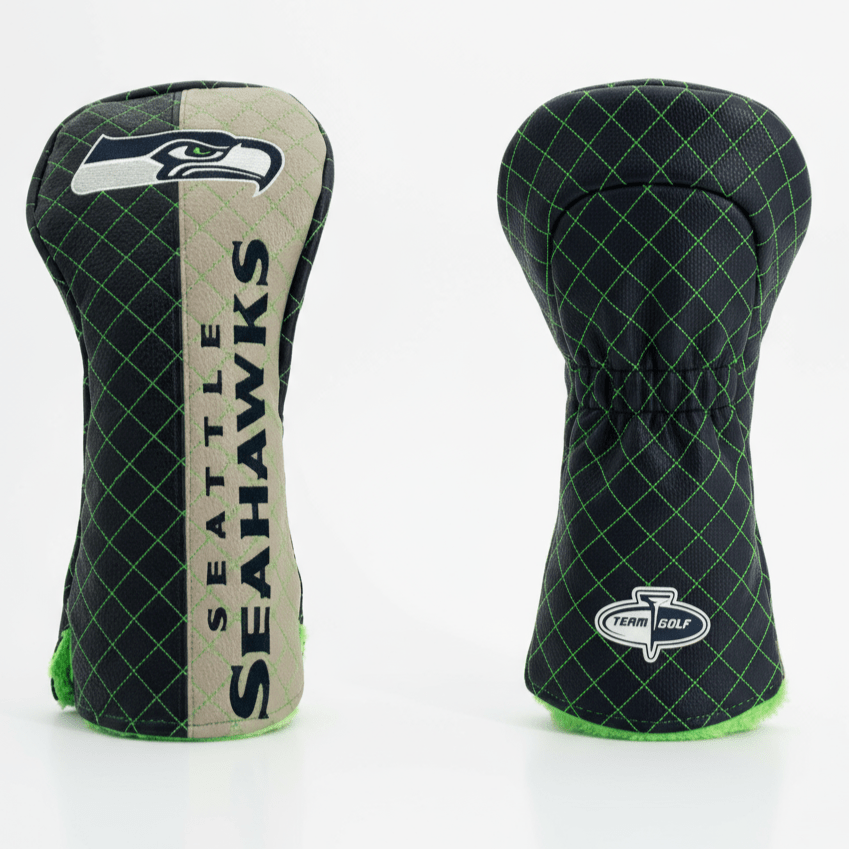 Two Seattle Seahawks golf club heads on a white background