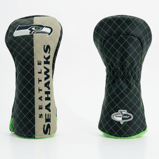 Two Seattle Seahawks golf club heads on a white background