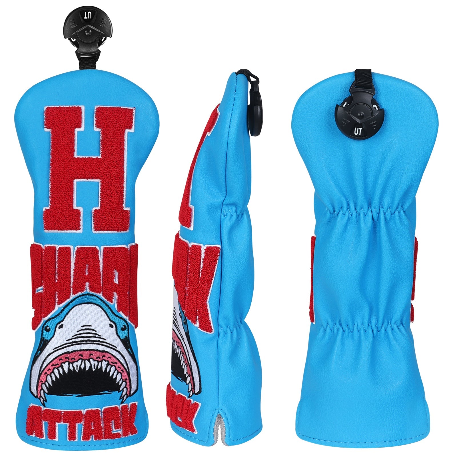 Blue golf club head cover with red text and shark design on a white background