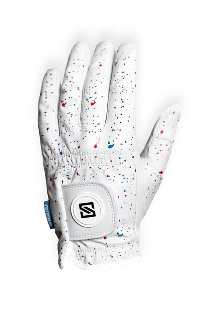 SKIVE Premium Golf Glove - Red + Blue Drip Left Hand - Club Rehab
