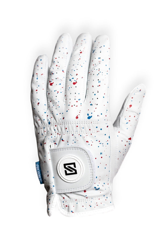 SKIVE Premium Golf Glove - Red + Blue Drip Left Hand - Club Rehab