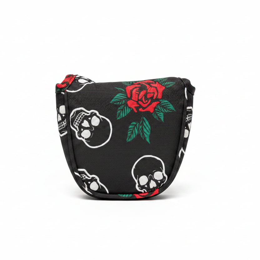 Skulls & Roses Canvas Headcover - Black - White Mallet Putter - Club Rehab