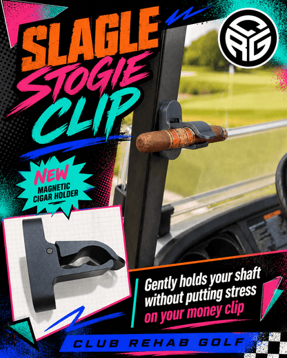 Magnetic cigar holder with colorful text and branding on a car interior background