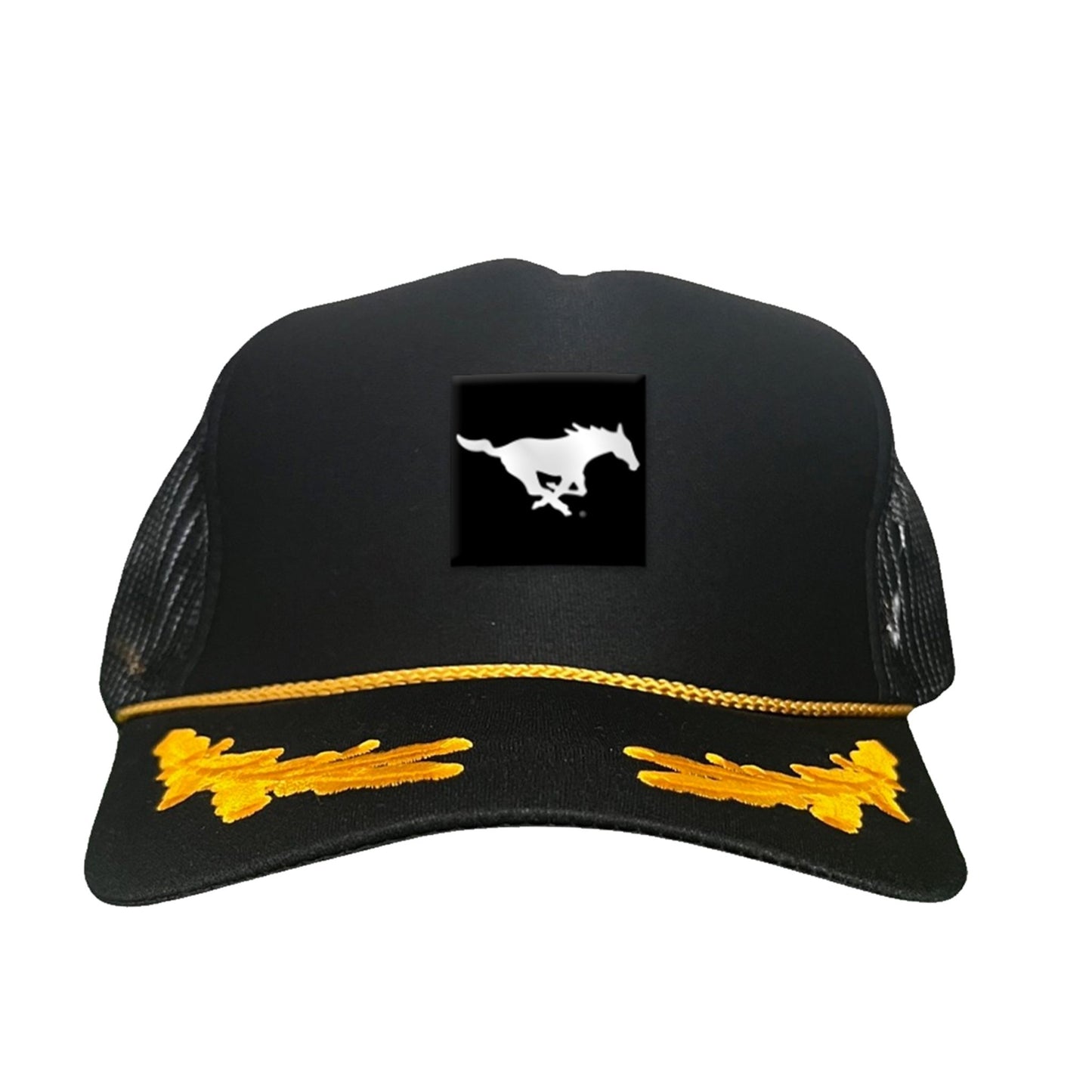 SMU Black Label Pony Logo Hats/ 194 / SMU017 / MM - Black / Gold Foam Curved Mesh - Club Rehab