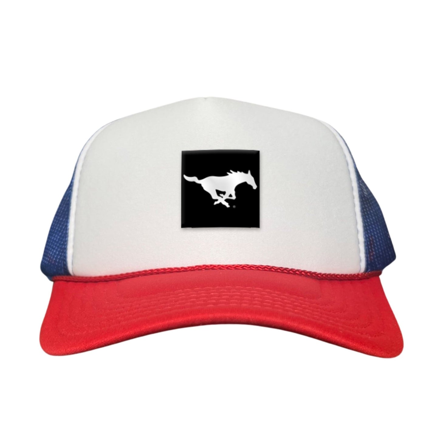 SMU Black Label Pony Logo Hats/ 194 / SMU017 / MM - Red / White / Blue Foam Curved Mesh - Club Rehab