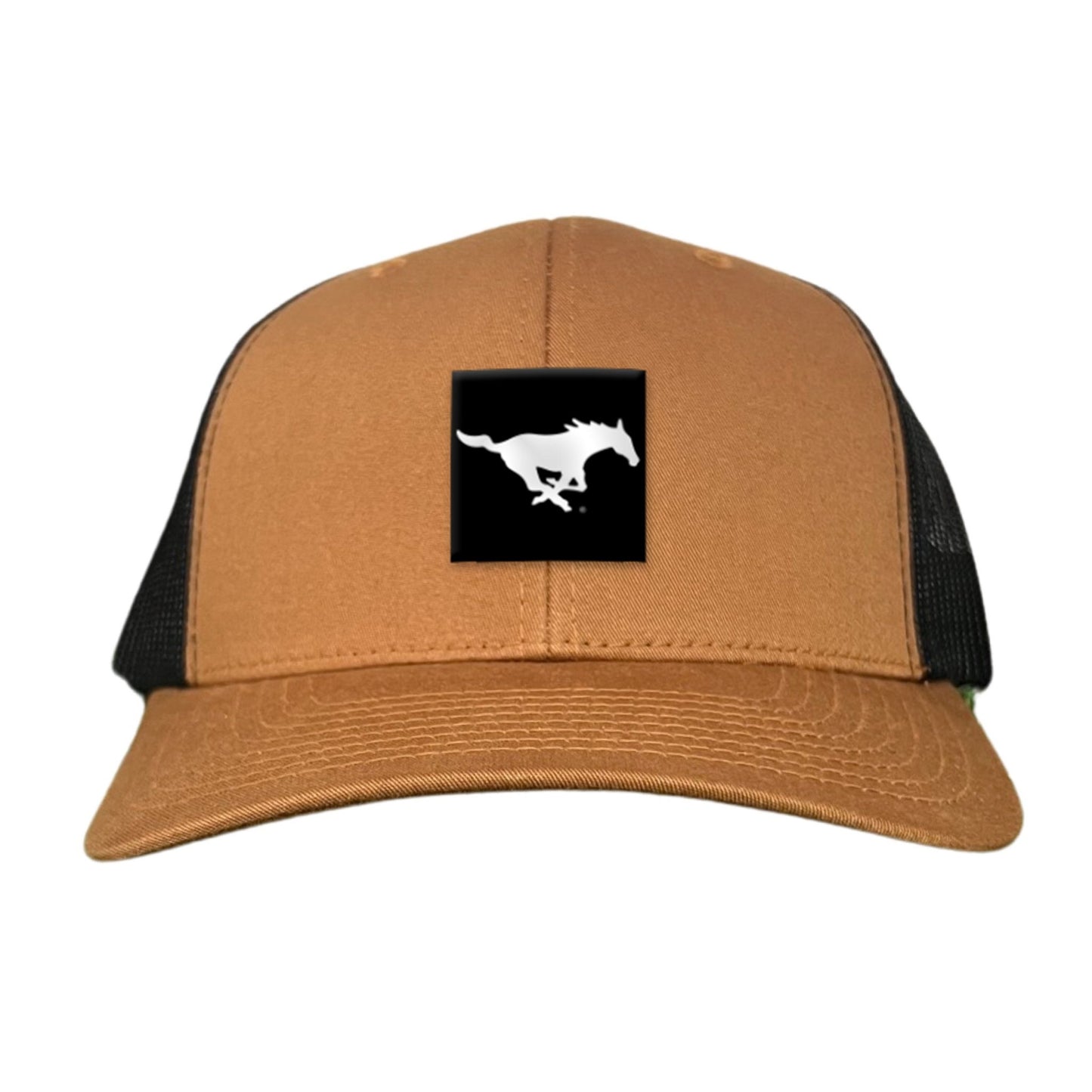 SMU Black Label Pony Logo Hats/ 194 / SMU017 / MM - Caramel / Black Curved Bill Mesh Snapback - Club Rehab