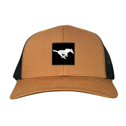 SMU Black Label Pony Logo Hats/ 194 / SMU017 / MM - Caramel / Black Curved Bill Mesh Snapback - Club Rehab
