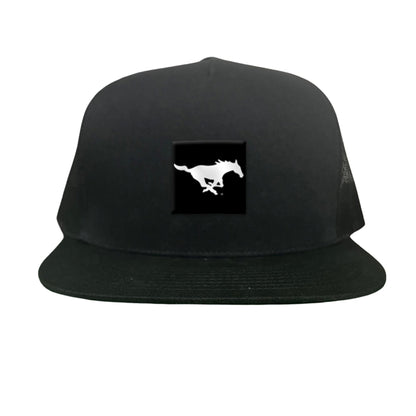SMU Black Label Pony Logo Hats/ 194 / SMU017 / MM - Black Flat Bill Mesh Snapback - Club Rehab