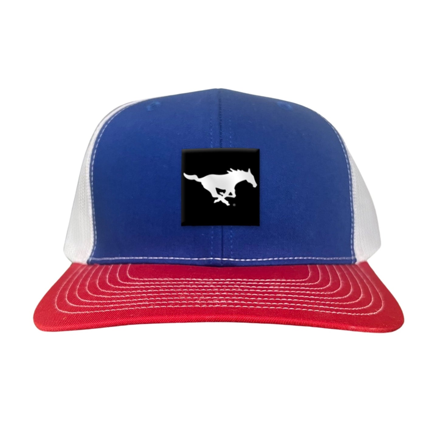 SMU Black Label Pony Logo Hats/ 194 / SMU017 / MM - Royal / White / Red Curved Bill Mesh Snapback - Club Rehab