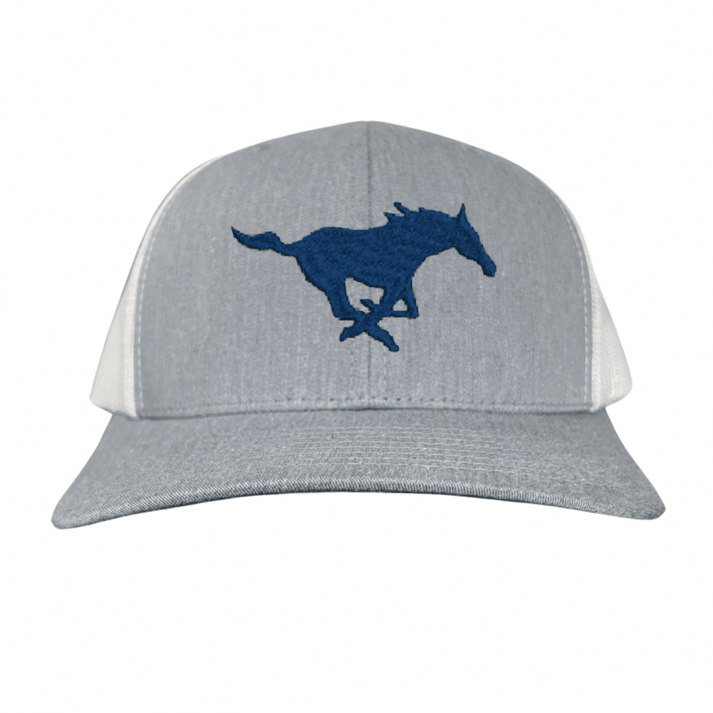 SMU Mustang Embroidered Hats / SMU1048 / MM - Heather Grey / White Mesh Curved Bill Mesh Snapback - Club Rehab