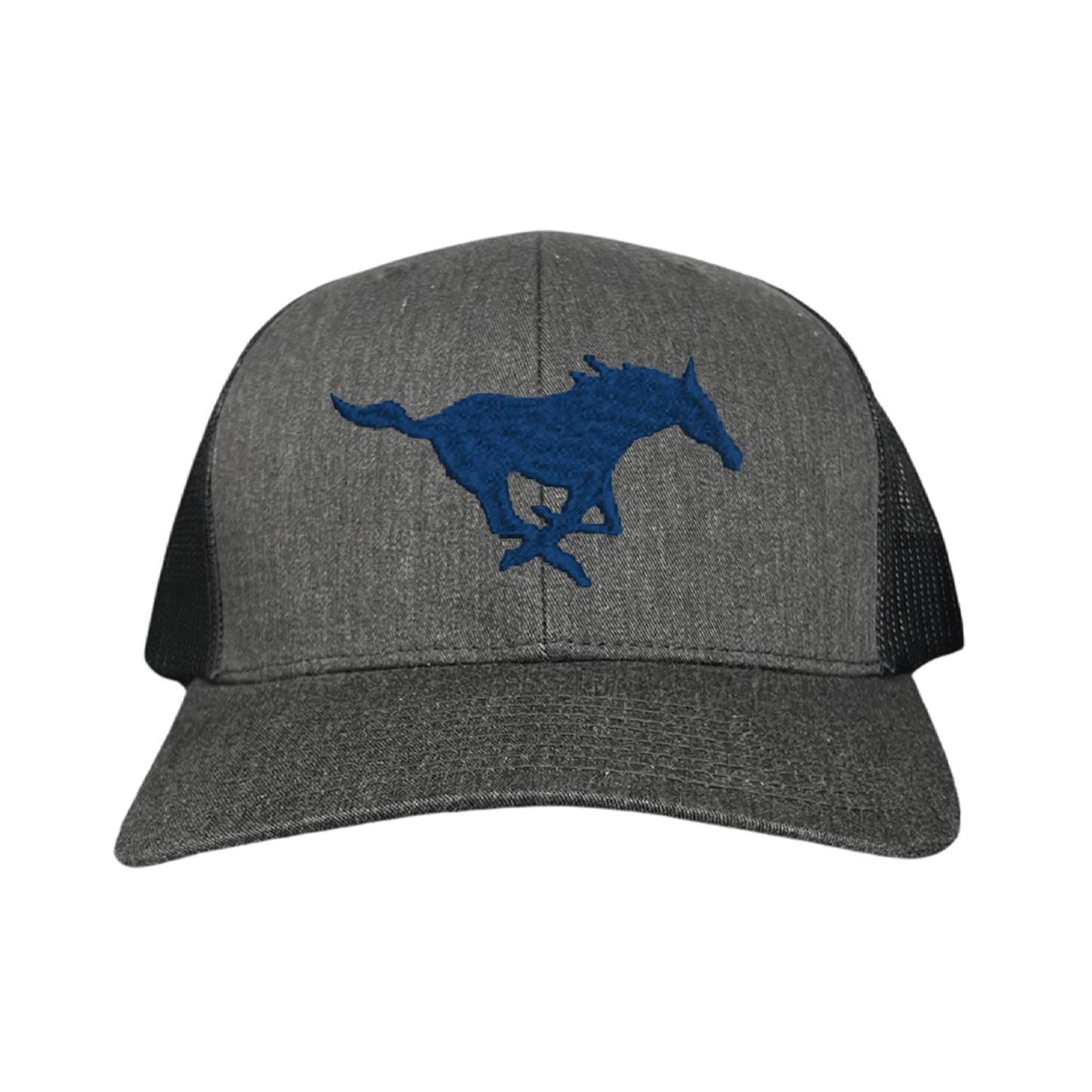 SMU Mustang Embroidered Hats / SMU1048 / MM - Dark Heather / Black Mesh Curved Bill Mesh Snapback - Club Rehab