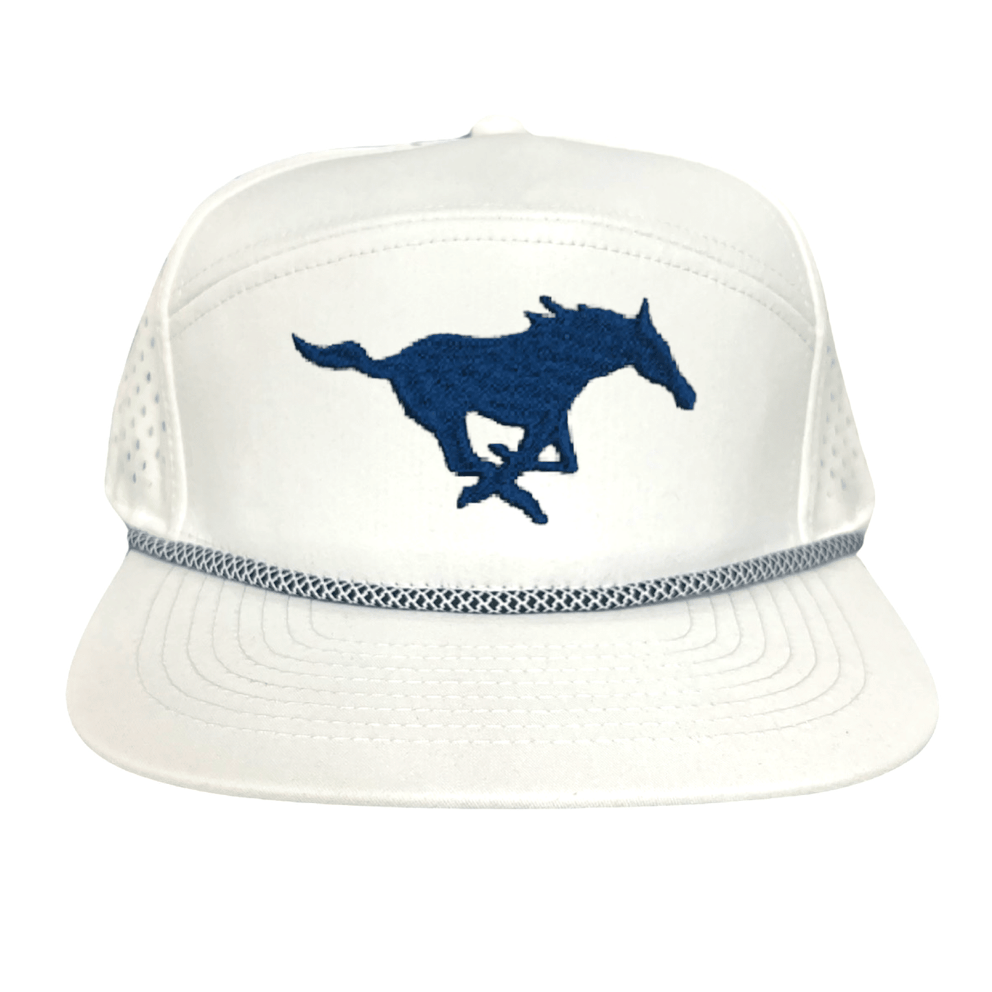 SMU Mustang Embroidered Hats / SMU1048 / MM - White with Black/White Rope Lasercut - Club Rehab