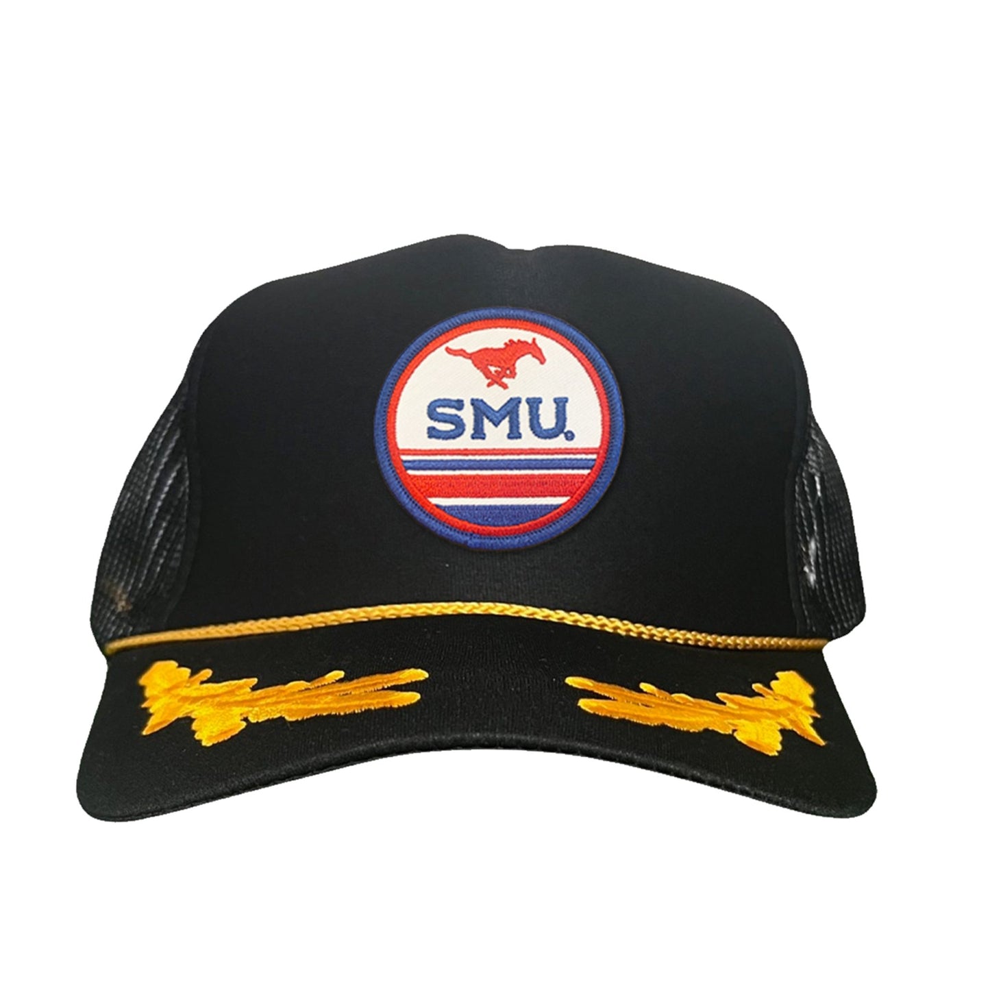 SMU Pony SMU Circle Patch Hats / 119 / SMU009 / MM - Black / Gold Foam Curved Mesh - Club Rehab