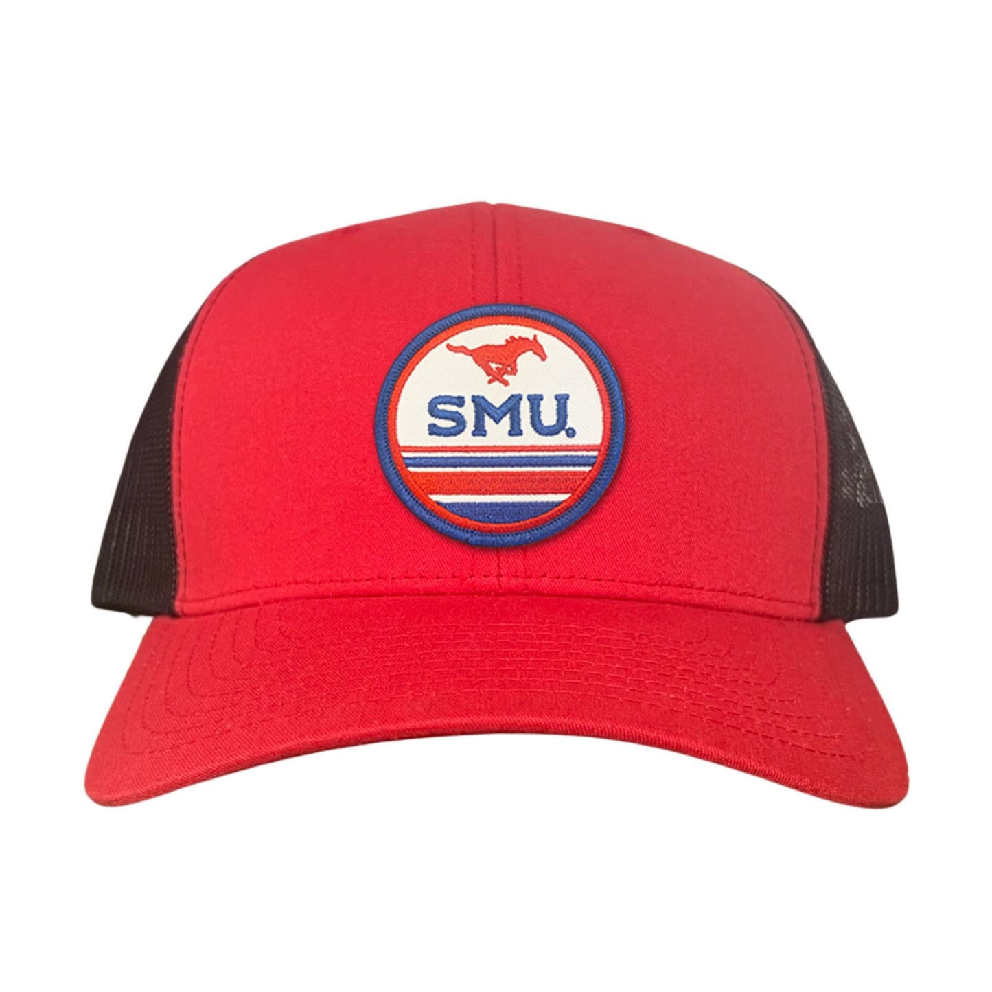 SMU Pony SMU Circle Patch Hats / 119 / SMU009 / MM - Red / Black Curved Bill Trucker - Club Rehab