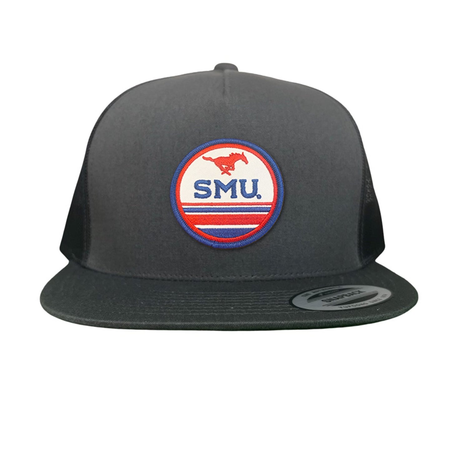 SMU Pony SMU Circle Patch Hats / 119 / SMU009 / MM - Flat Bill Charcoal Mesh Snapback - Club Rehab