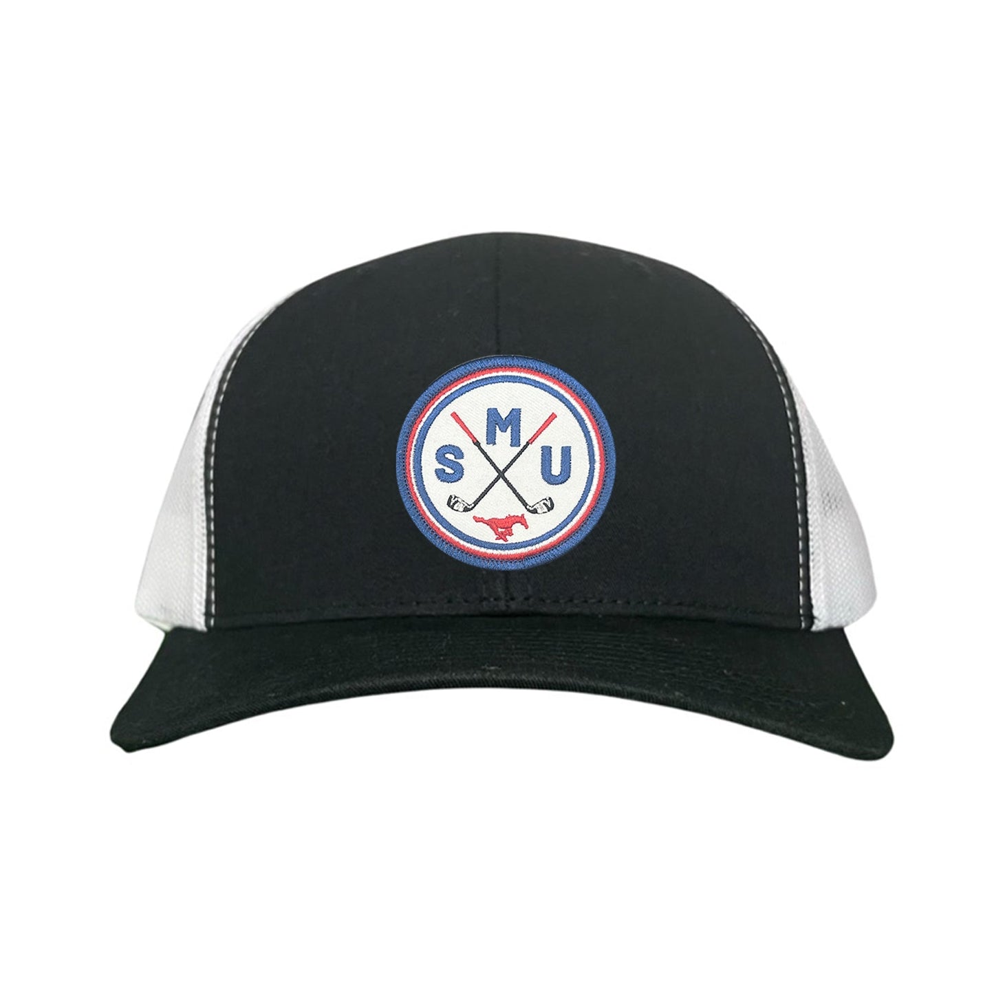 SMU / SMU Golf Circle Patch / Hat / 175 / SMU016 / MM - Black / White Curved Bill Mesh Snapback - Club Rehab