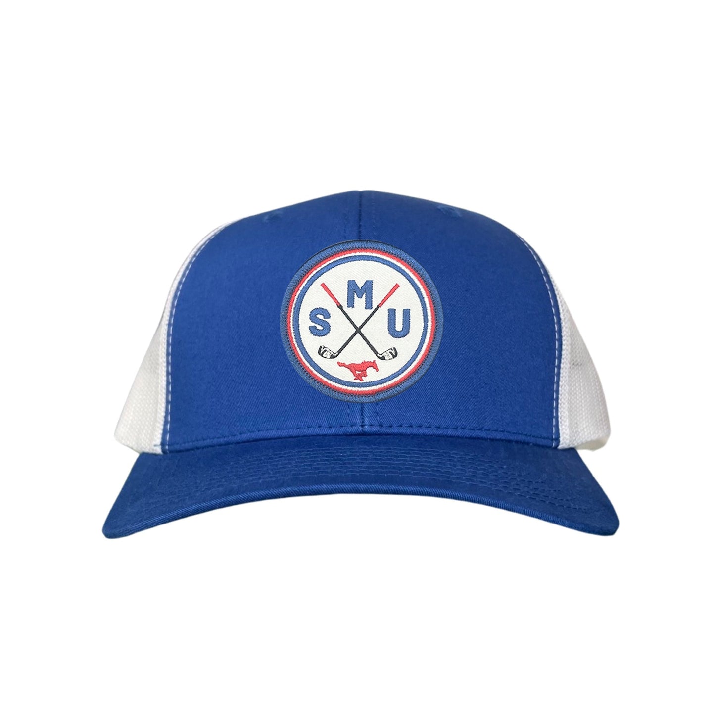 SMU / SMU Golf Circle Patch / Hat / 175 / SMU016 / MM - Royal / White Curved Bill Mesh Snapback - Club Rehab