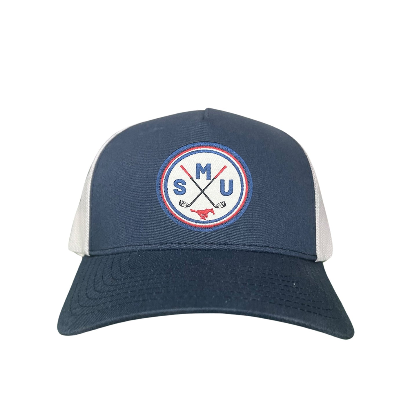 SMU / SMU Golf Circle Patch / Hat / 175 / SMU016 / MM - Navy / White Curved Bill Mesh Snapback - Club Rehab
