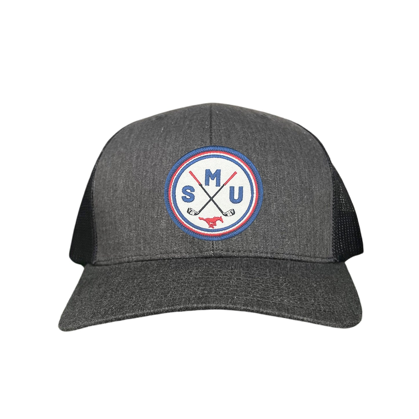 SMU / SMU Golf Circle Patch / Hat / 175 / SMU016 / MM - Dark Heather / Black Curved Bill Mesh Snapback - Club Rehab