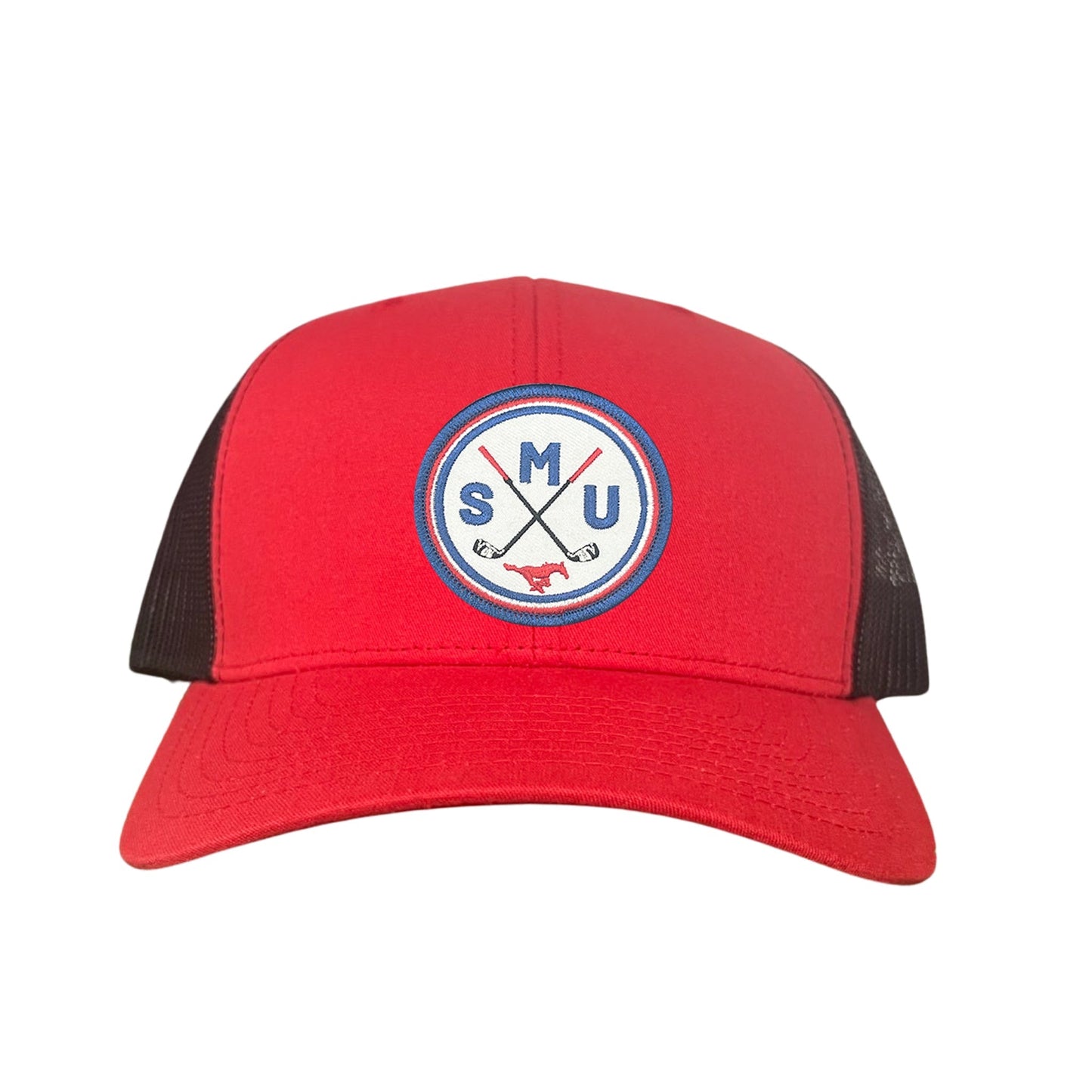 SMU / SMU Golf Circle Patch / Hat / 175 / SMU016 / MM - Red / Black Curved Bill Mesh Snapback - Club Rehab