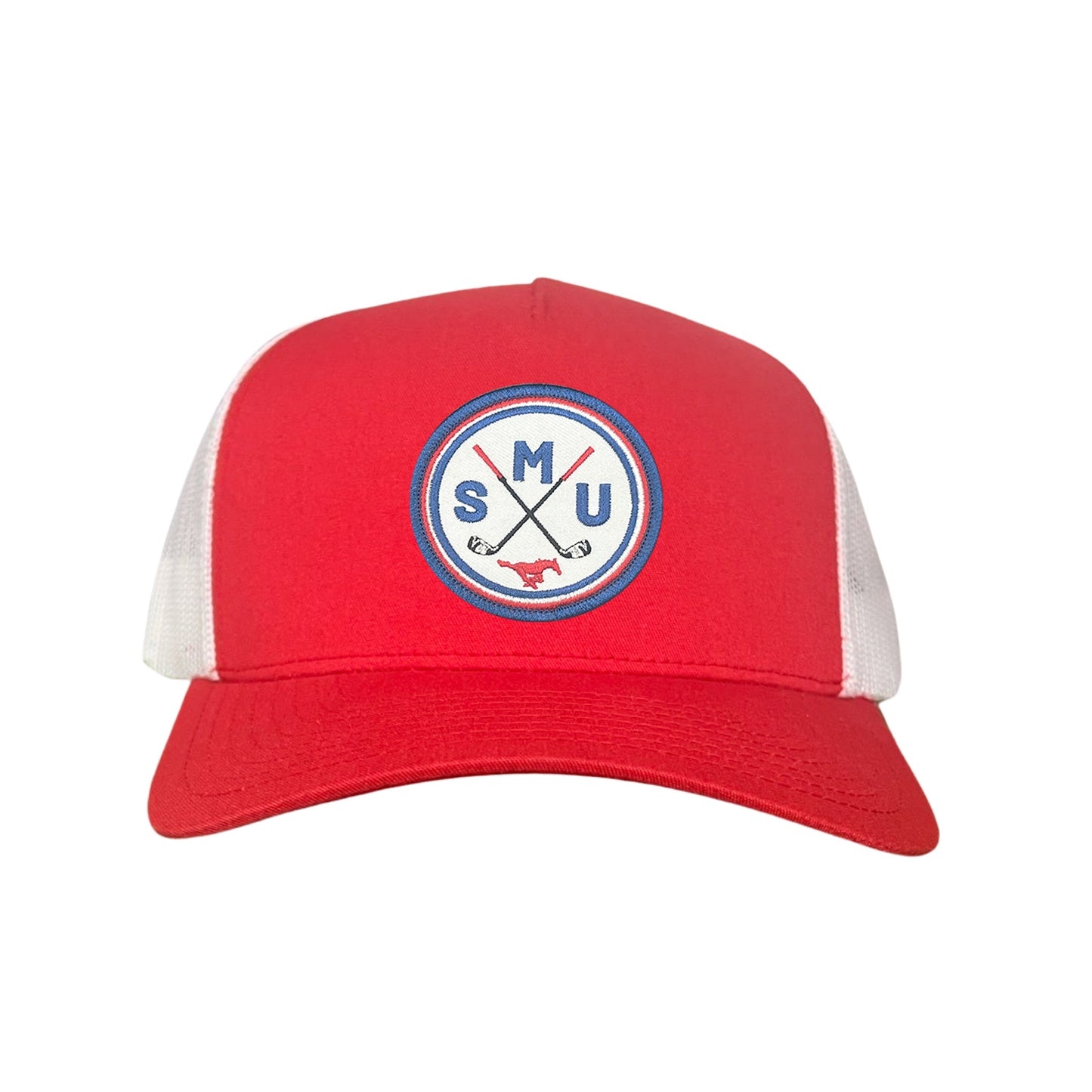 SMU / SMU Golf Circle Patch / Hat / 175 / SMU016 / MM - Red / White Curved Bill Mesh Snapback - Club Rehab