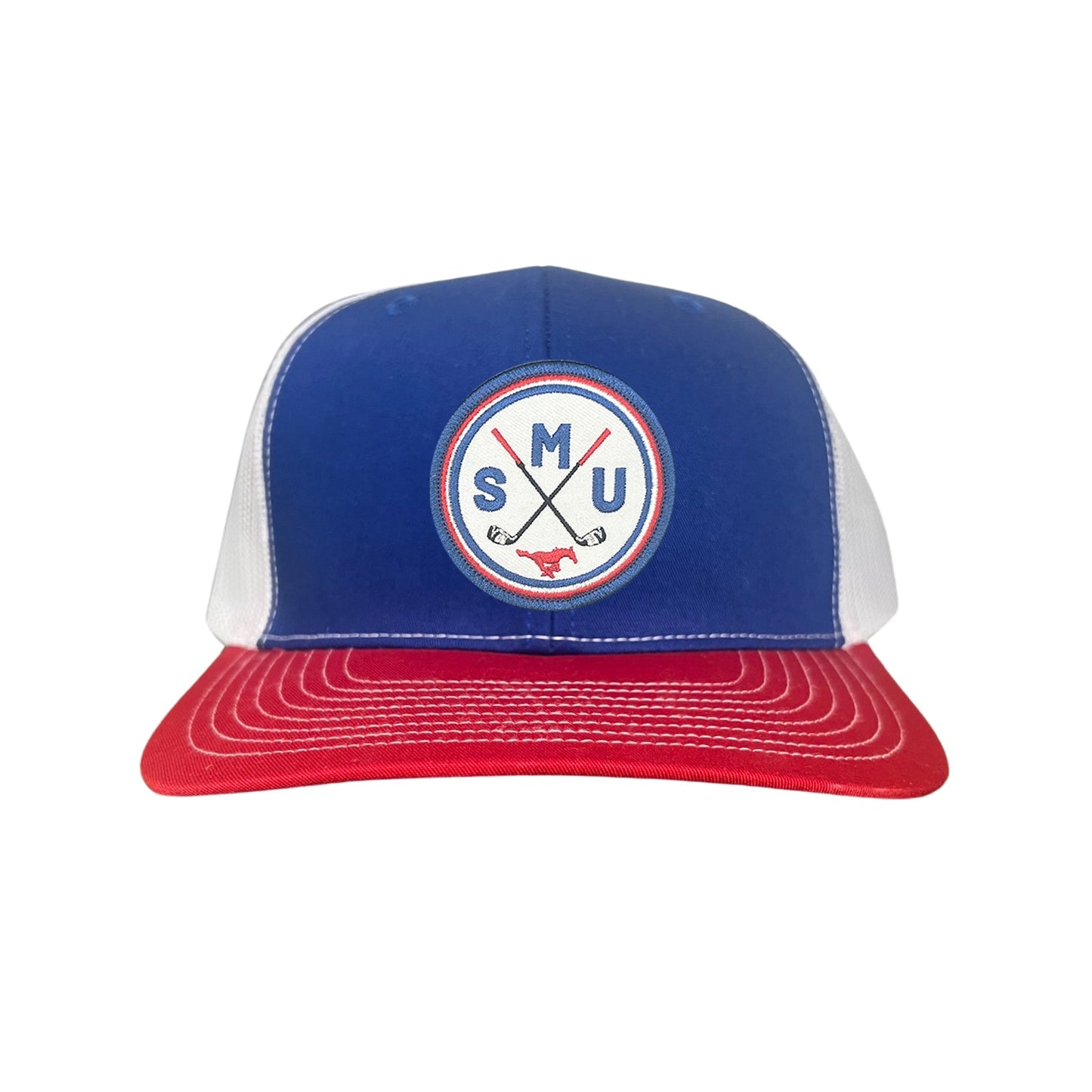 SMU / SMU Golf Circle Patch / Hat / 175 / SMU016 / MM - Royal / White / Red Curved Bill Mesh Snapback - Club Rehab