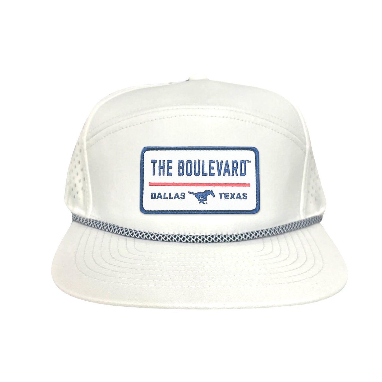 SMU / The Boulevard Rectangle Patch / Mesh Snap Back / 127 / SMU004 - Flat Bill White with Black / White Rope - Club Rehab