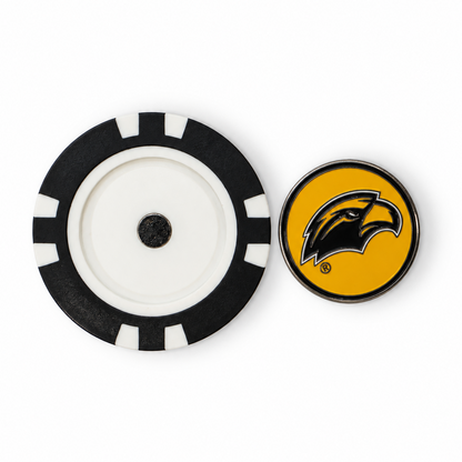 Southern Miss poker chip reverse side and separate gold ball marker