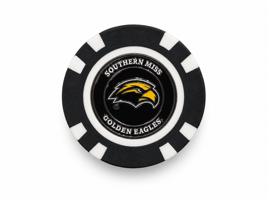 Southern Miss Golden Eagles poker chip, team text and eagle logo on white