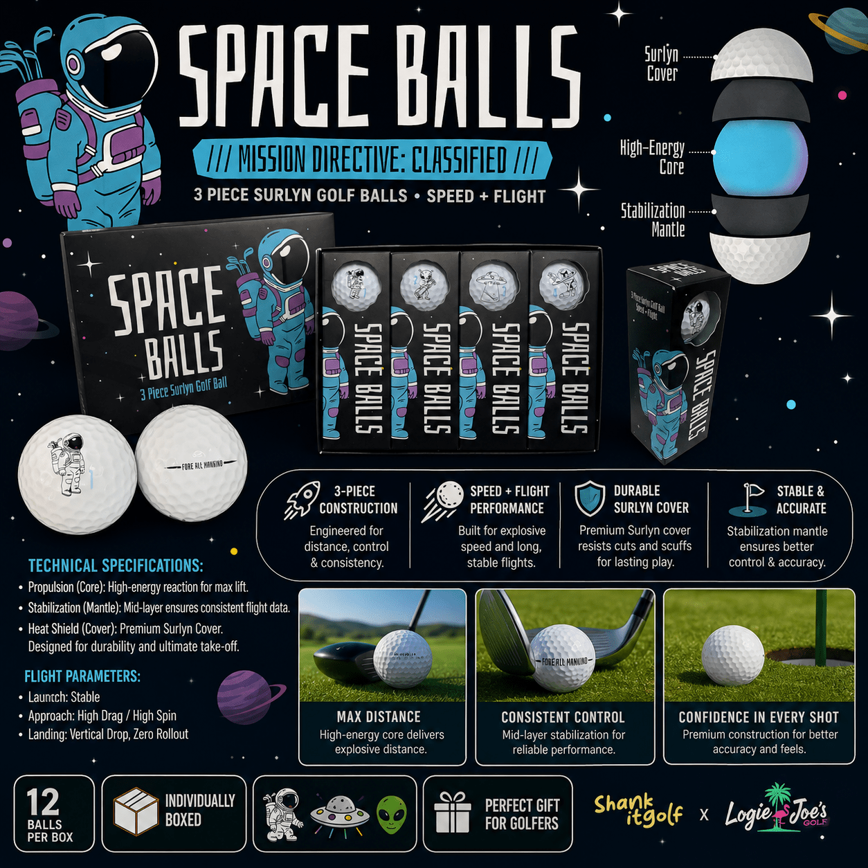 Space Balls Pro Series Golf Balls | 3-Piece Surlyn Golf Balls | 12-Pack - Club Rehab