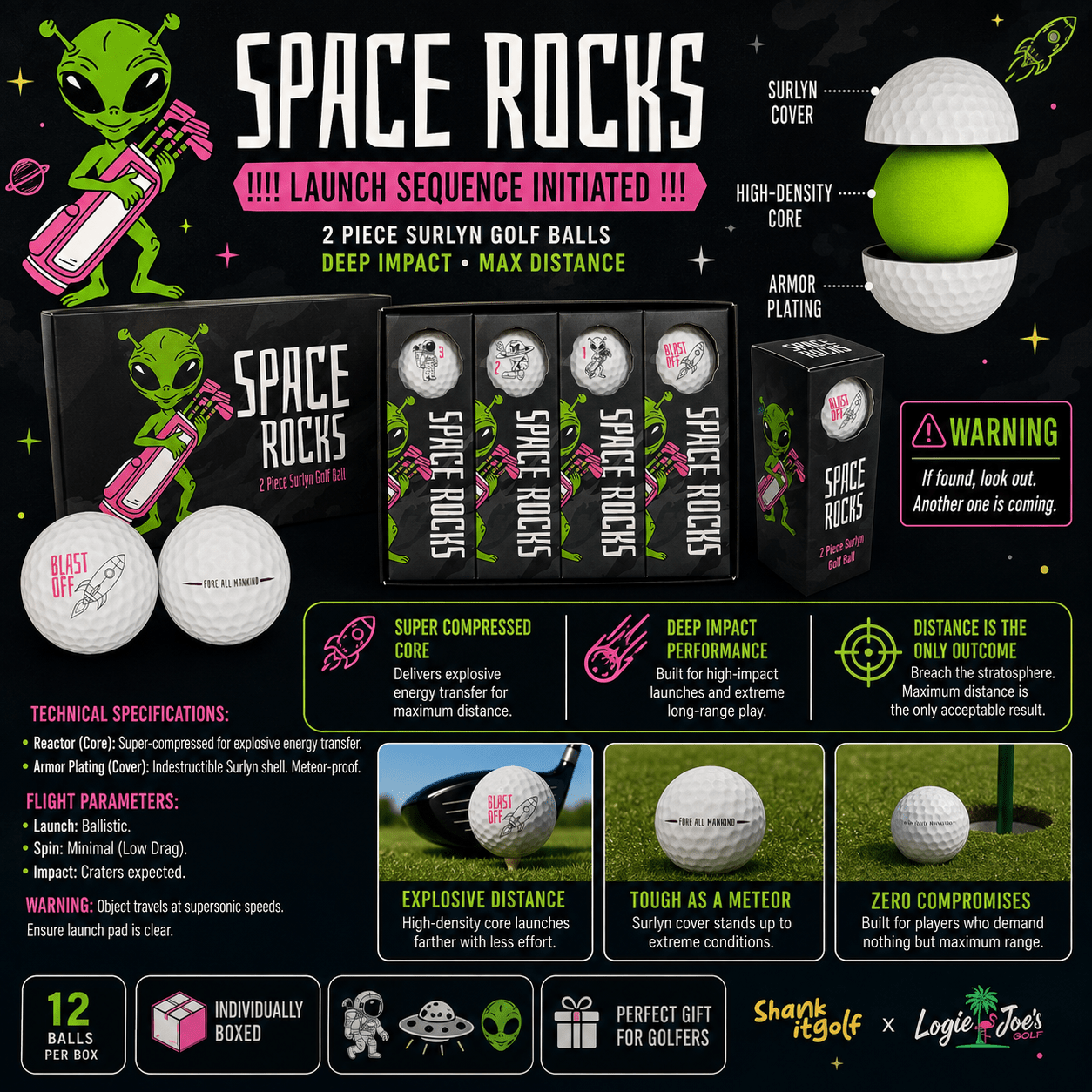 Space Rocks Distance Series Golf Balls | 2-Piece Surlyn Golf Balls | 12-Pack - Club Rehab