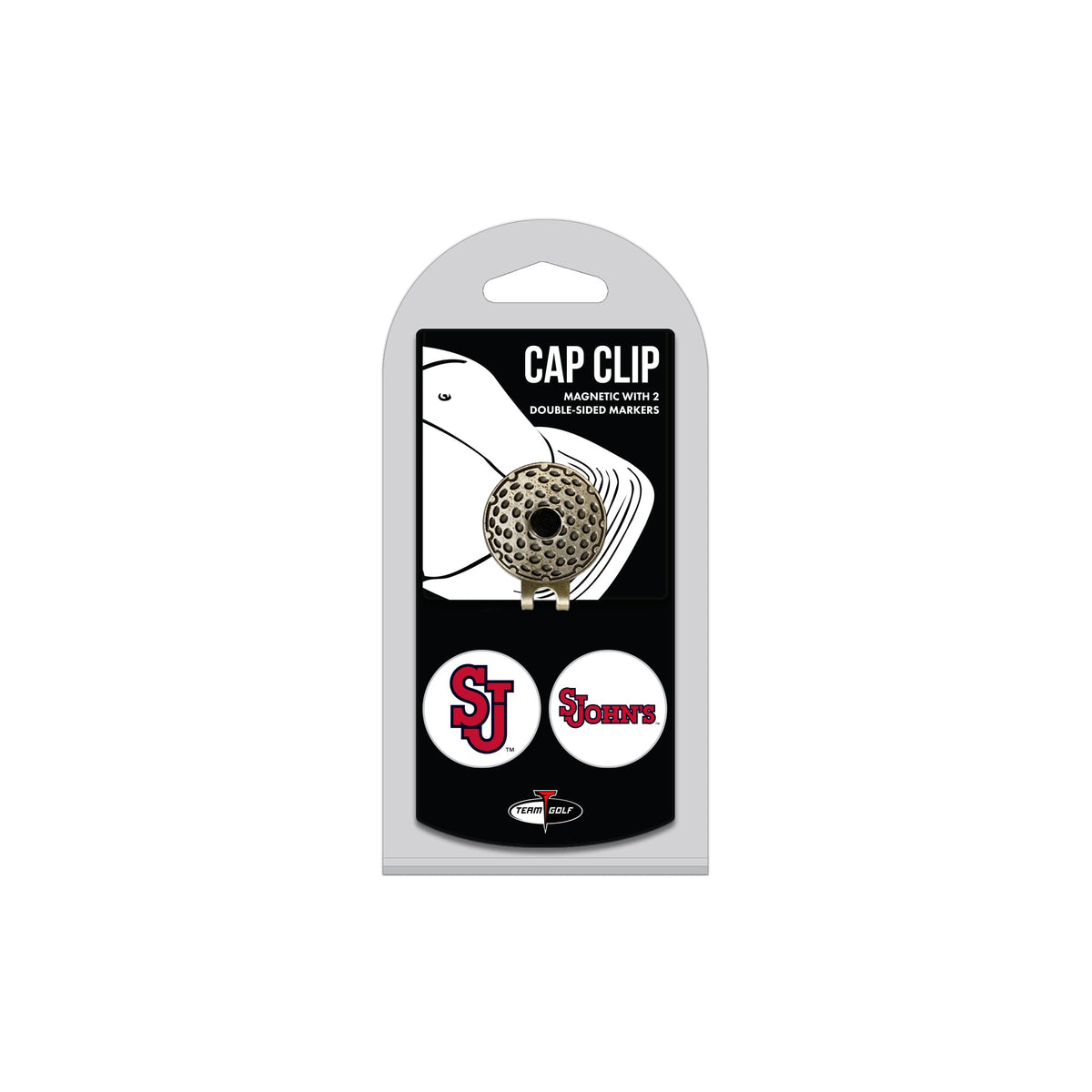 St. John's Red Storm hat clip with two golf ball markers