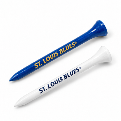 St. Louis Blues golf tees in blue and white with team lettering.