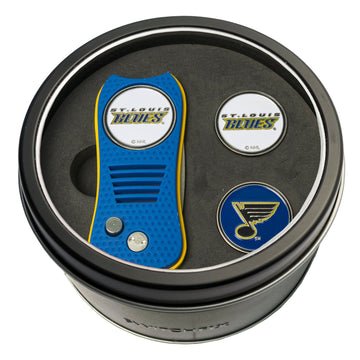St. Louis Blues Switchblade-Pitchgabel + 2 Ballmarker im Metalldosen-Geschenkset