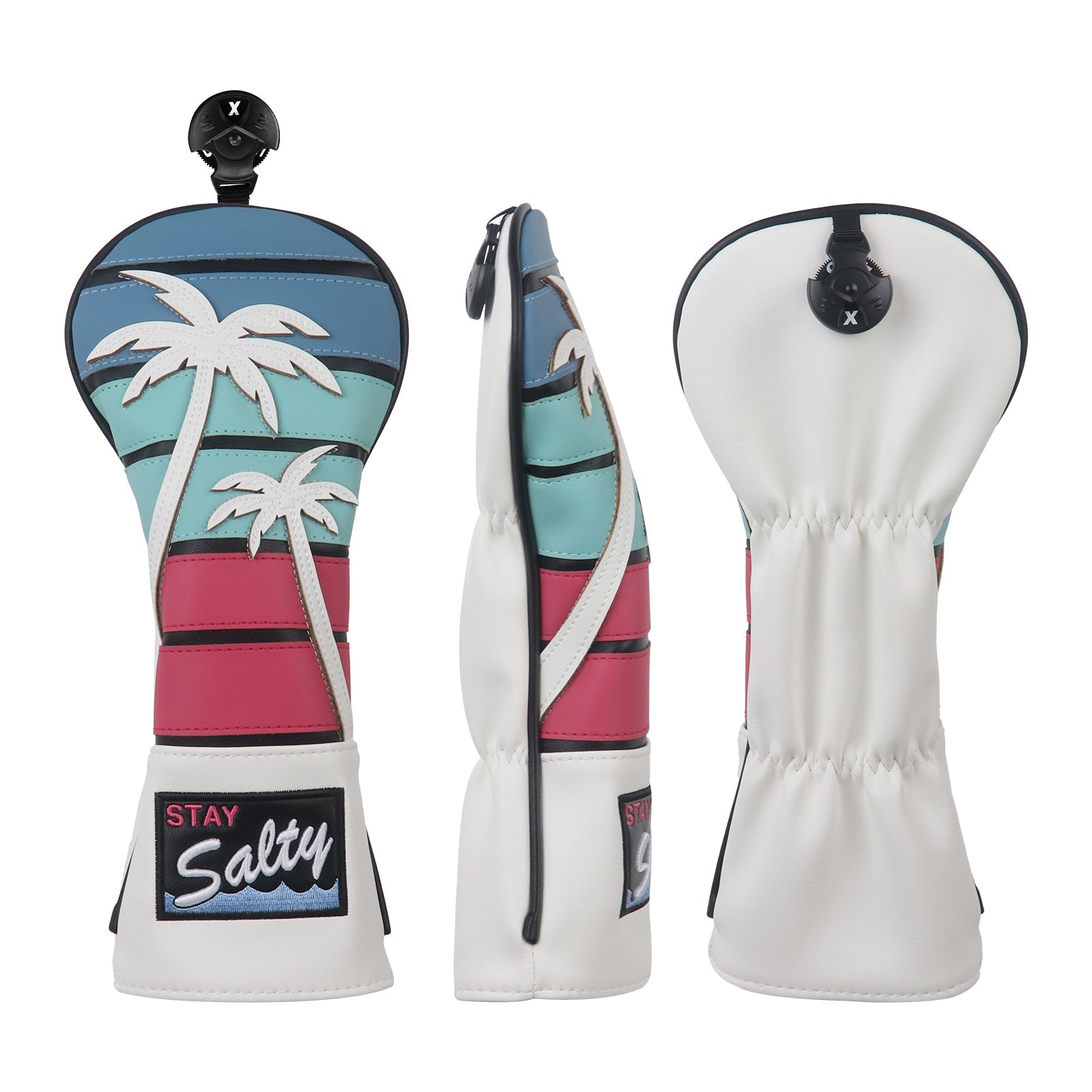 Golf club head covers with palm tree design and 'Stay Salty' branding on a white background