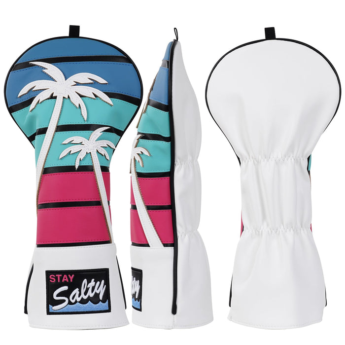 Golf club head covers with palm tree design and 'Stay Salty' branding on a white background