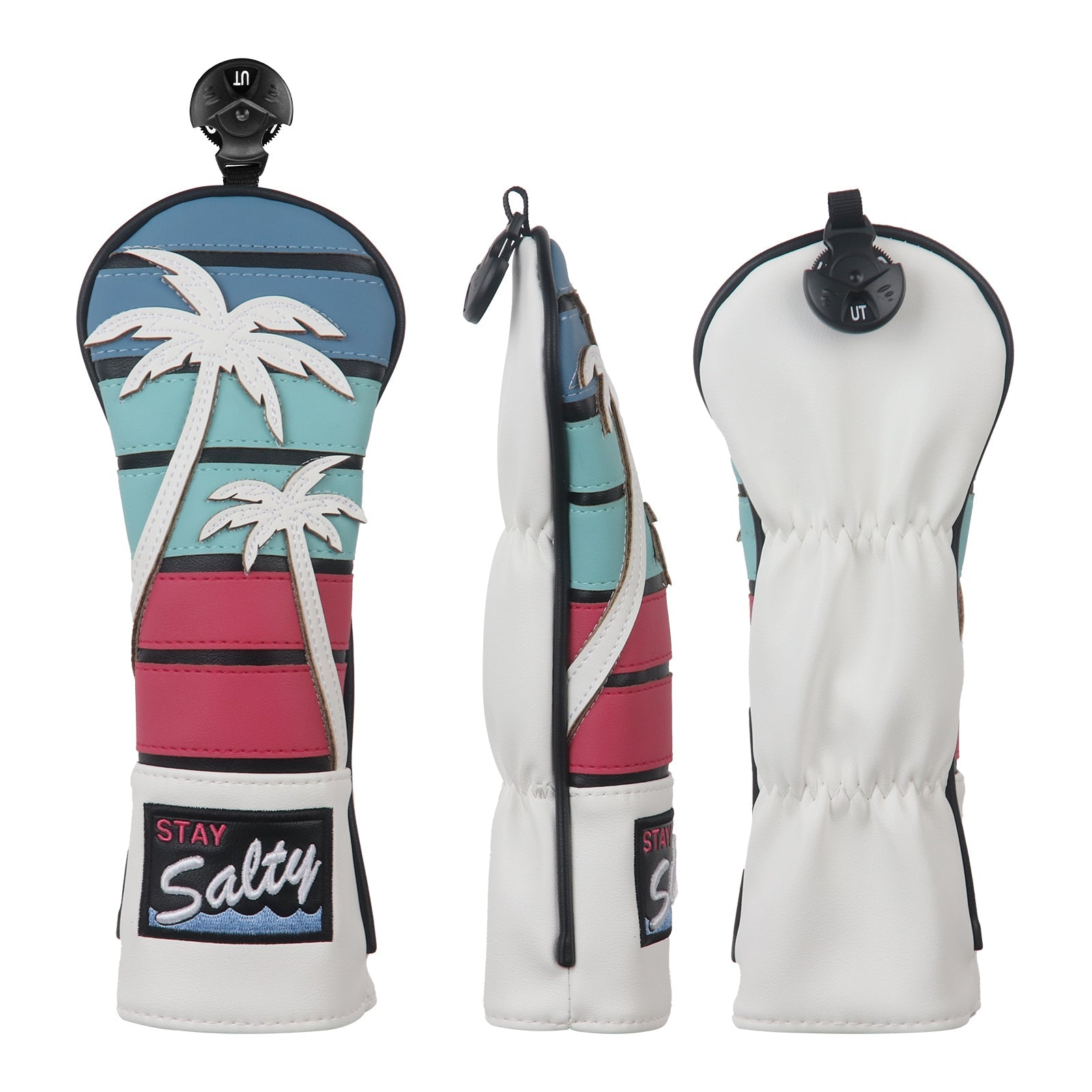 Golf club head cover with palm tree design and 'Stay Salty' branding on a white background