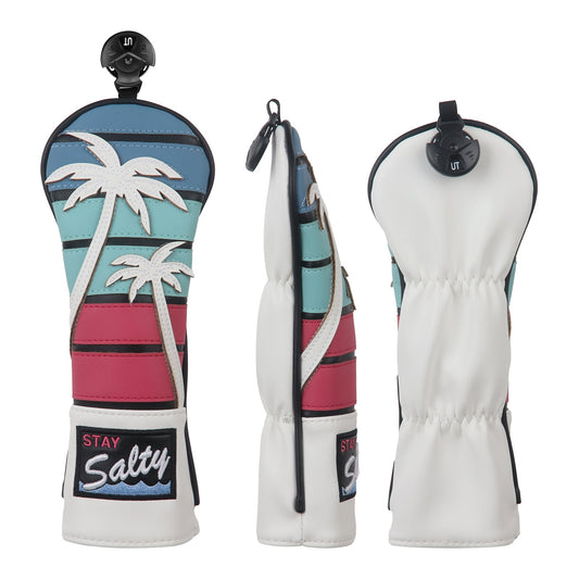 Golf club head cover with palm tree design and 'Stay Salty' branding on a white background