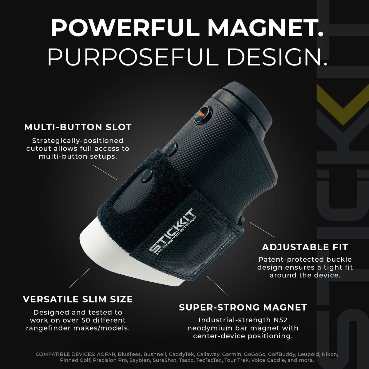 STICKIT Gen3 manufacturer diagram showing multi-button access, adjustable buckle and enlarged bar magnet; rangefinder not included