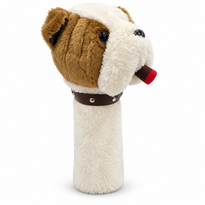 Stogie McBogey bulldog driver headcover with plush cigar and studded collar, three-quarter view