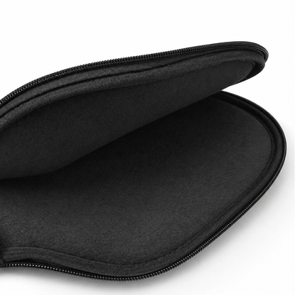 Black zippered pouch on a white background