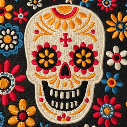 Colorful skull design with flowers on a black background