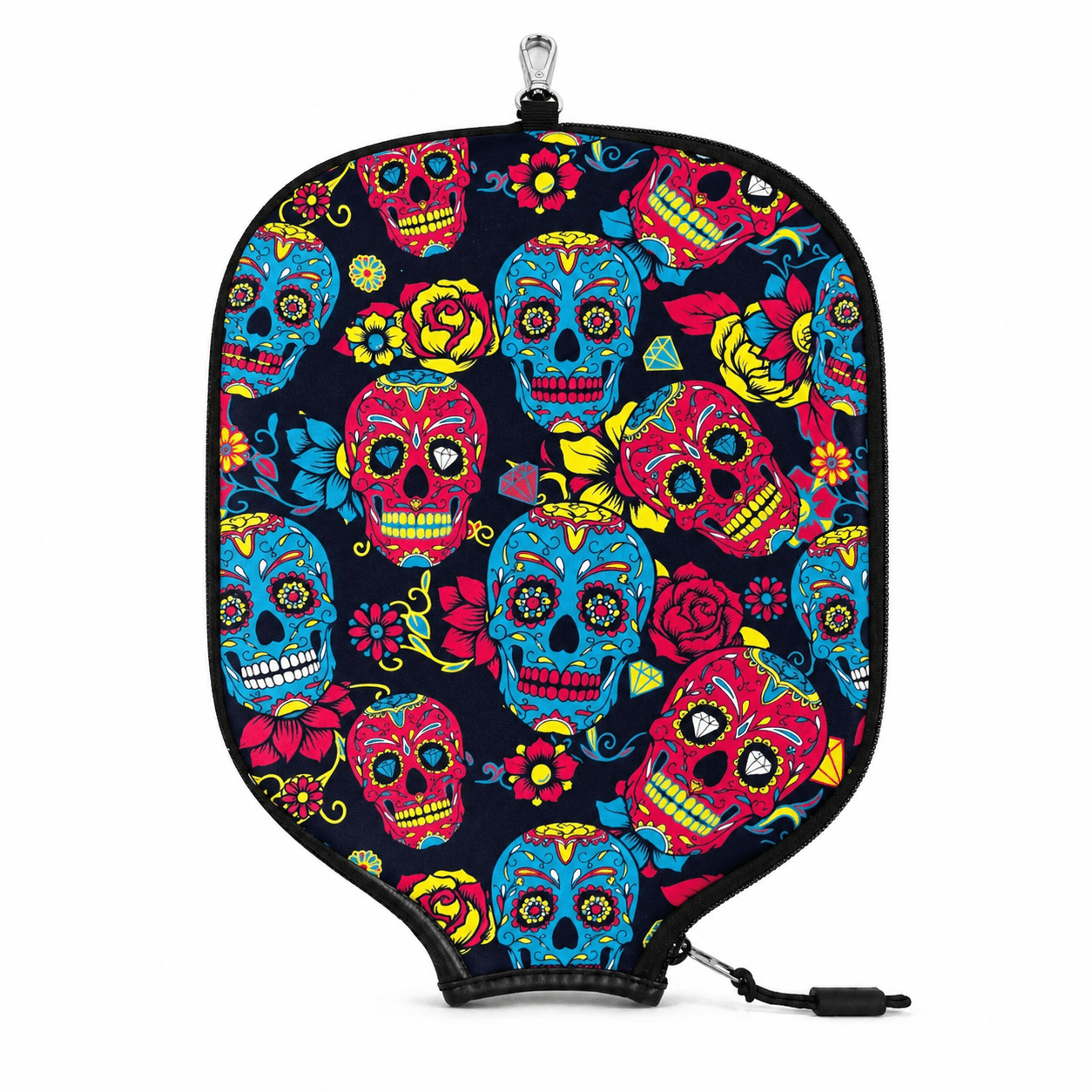 Colorful skull patterned pickleball paddle cover on a white background